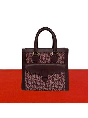 Dior Vintage Trotter Pattern Canvas Leather Handbag Red